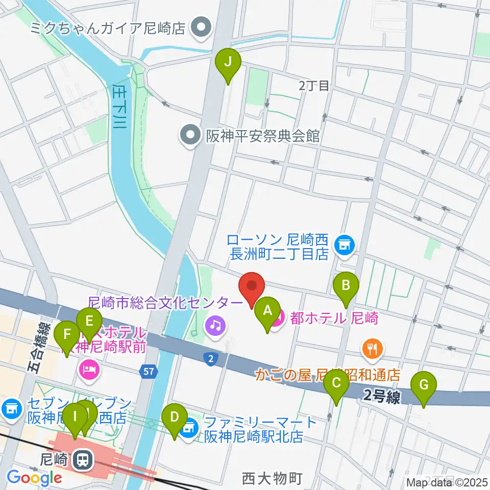 尼崎市総合文化センター周辺のカフェ一覧地図