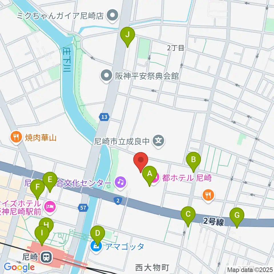 尼崎市総合文化センター周辺のカフェ一覧地図