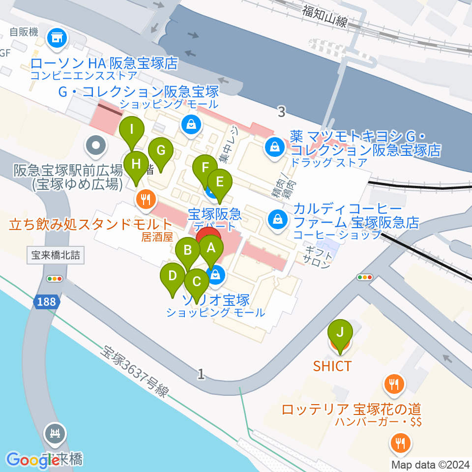 宝塚ソリオホール周辺のカフェ一覧地図