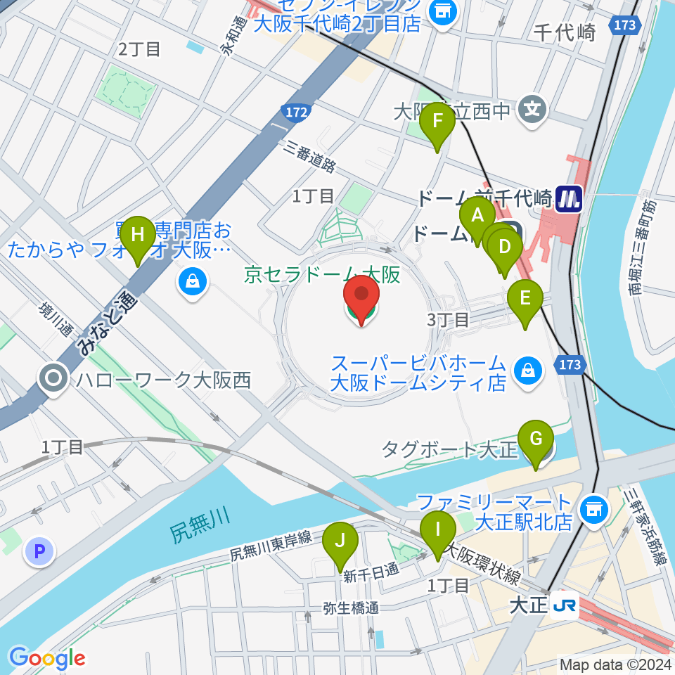 京セラドーム大阪周辺のカフェ一覧地図