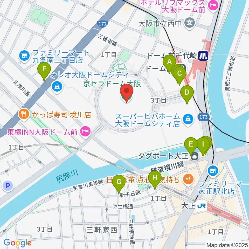 京セラドーム大阪周辺のカフェ一覧地図
