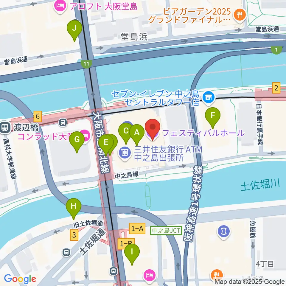 フェスティバルホール周辺のカフェ一覧地図