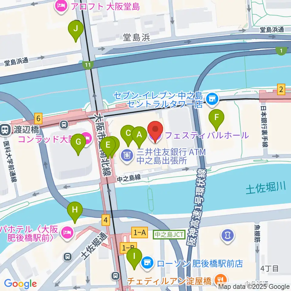 フェスティバルホール周辺のカフェ一覧地図