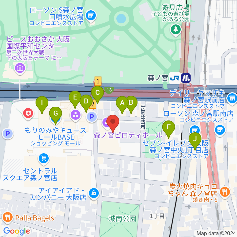 森ノ宮ピロティホール周辺のカフェ一覧地図