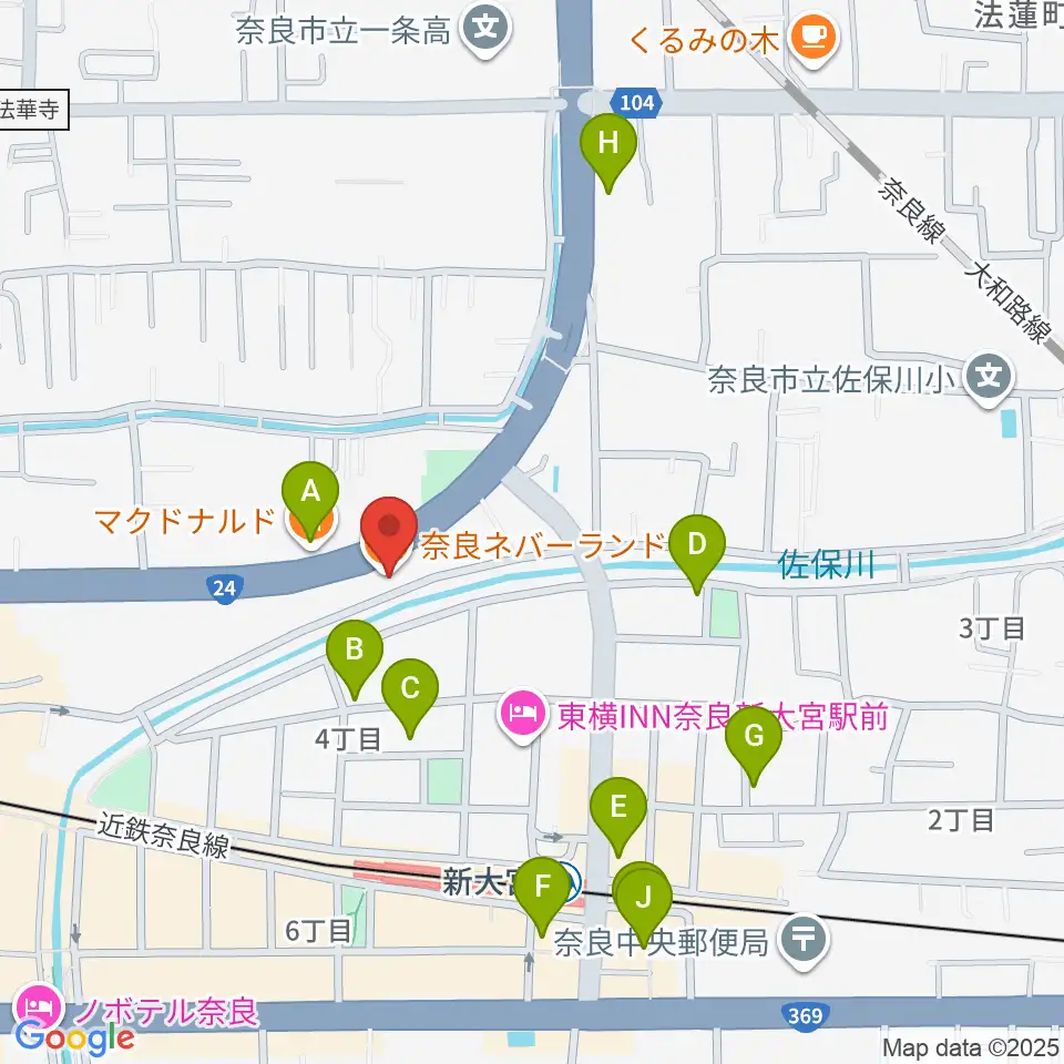 奈良ネバーランド周辺のカフェ一覧地図