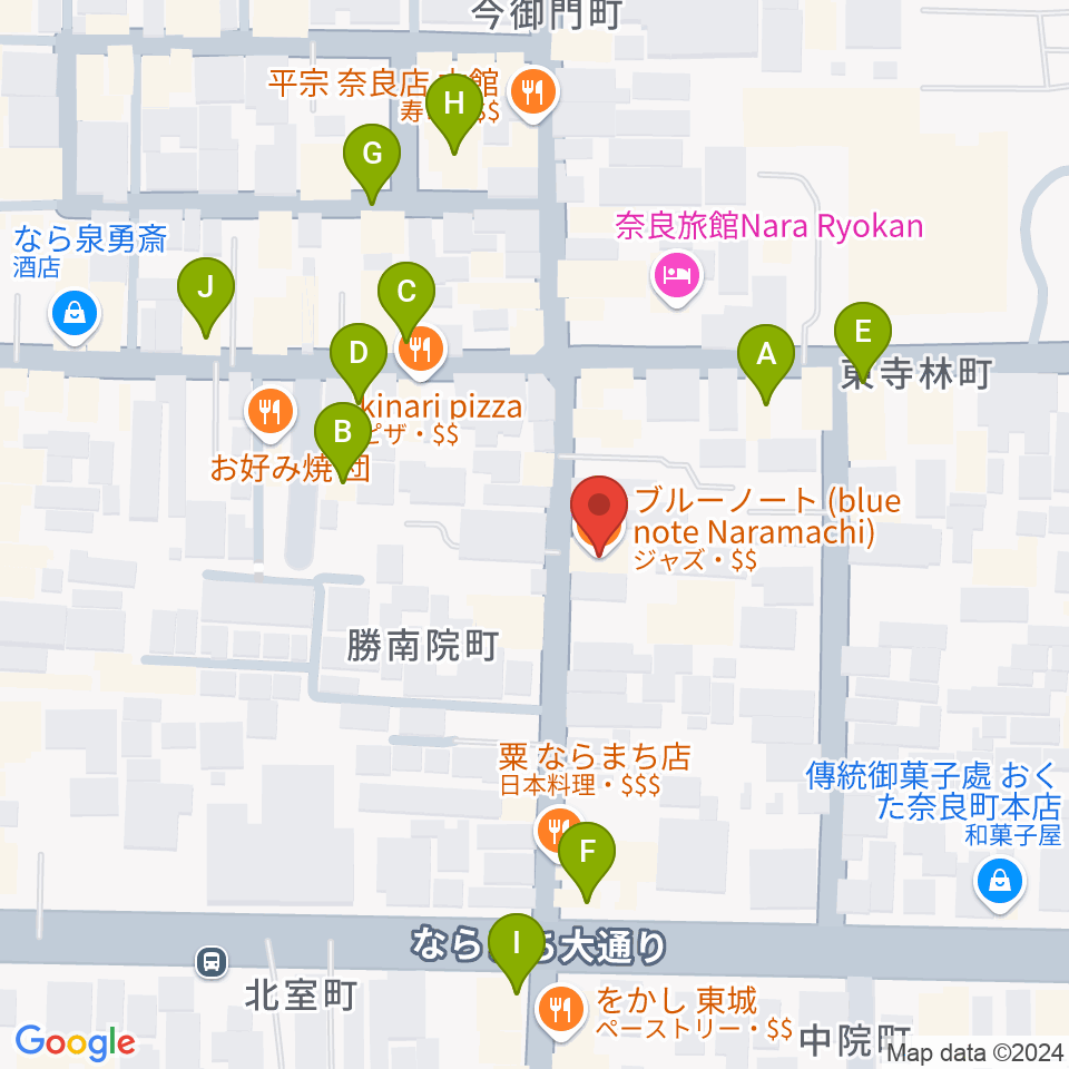 ブルーノートならまち周辺のカフェ一覧地図