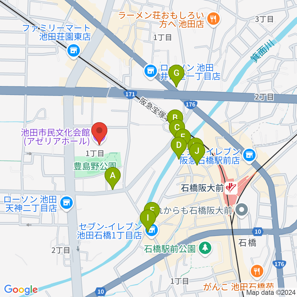 池田市民文化会館周辺のカフェ一覧地図