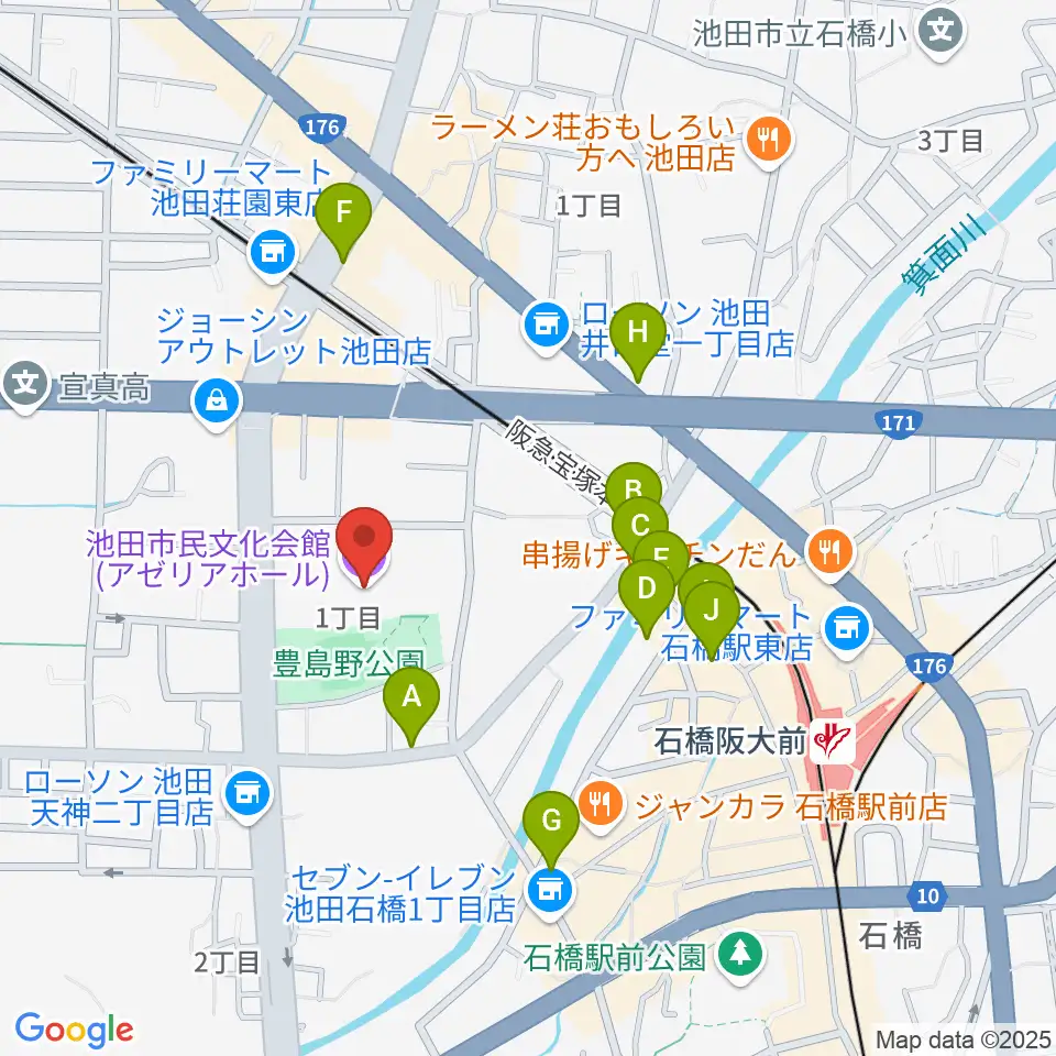 池田市民文化会館周辺のカフェ一覧地図
