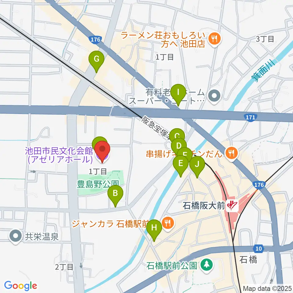池田市民文化会館周辺のカフェ一覧地図