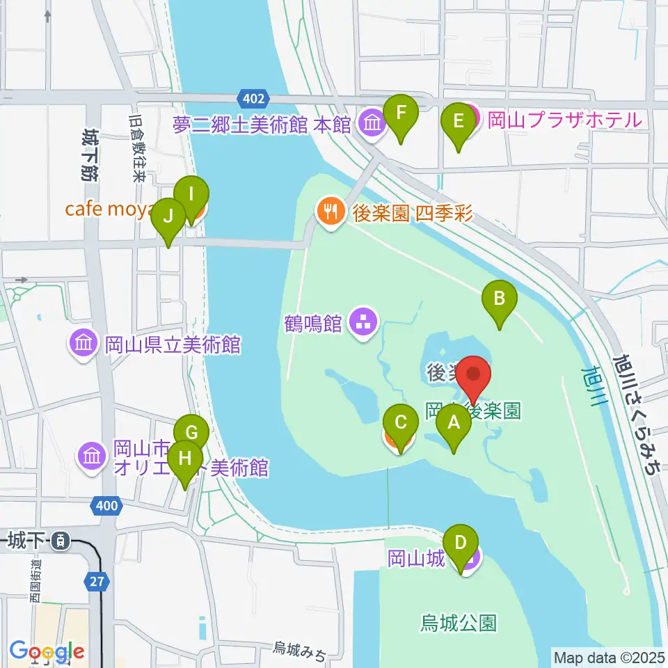 岡山後楽園周辺のカフェ一覧地図