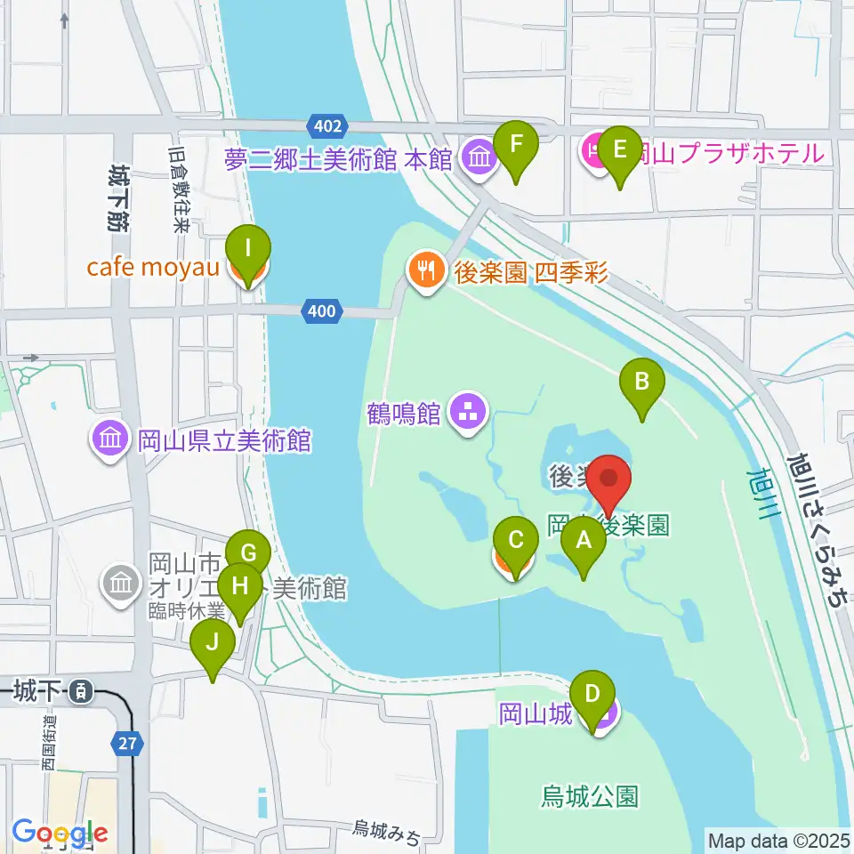 岡山後楽園周辺のカフェ一覧地図