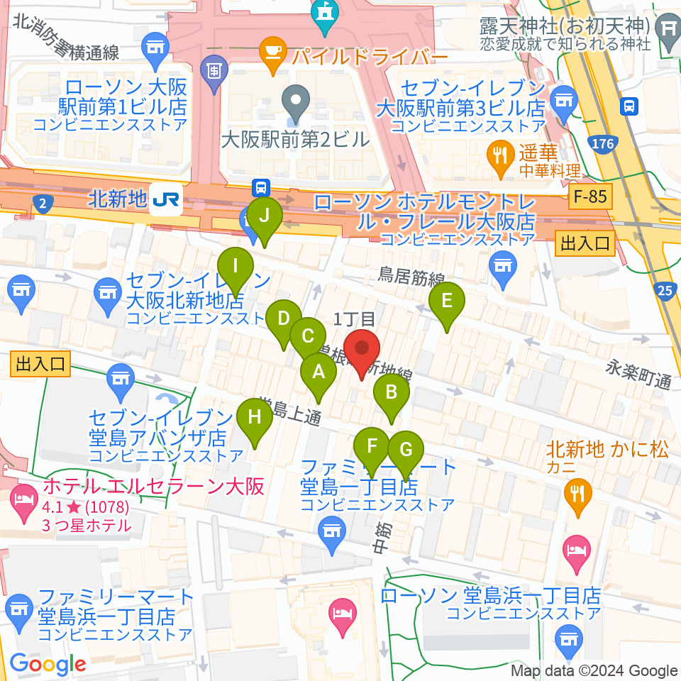 北新地ジャズバー96 クロ周辺のカフェ一覧地図