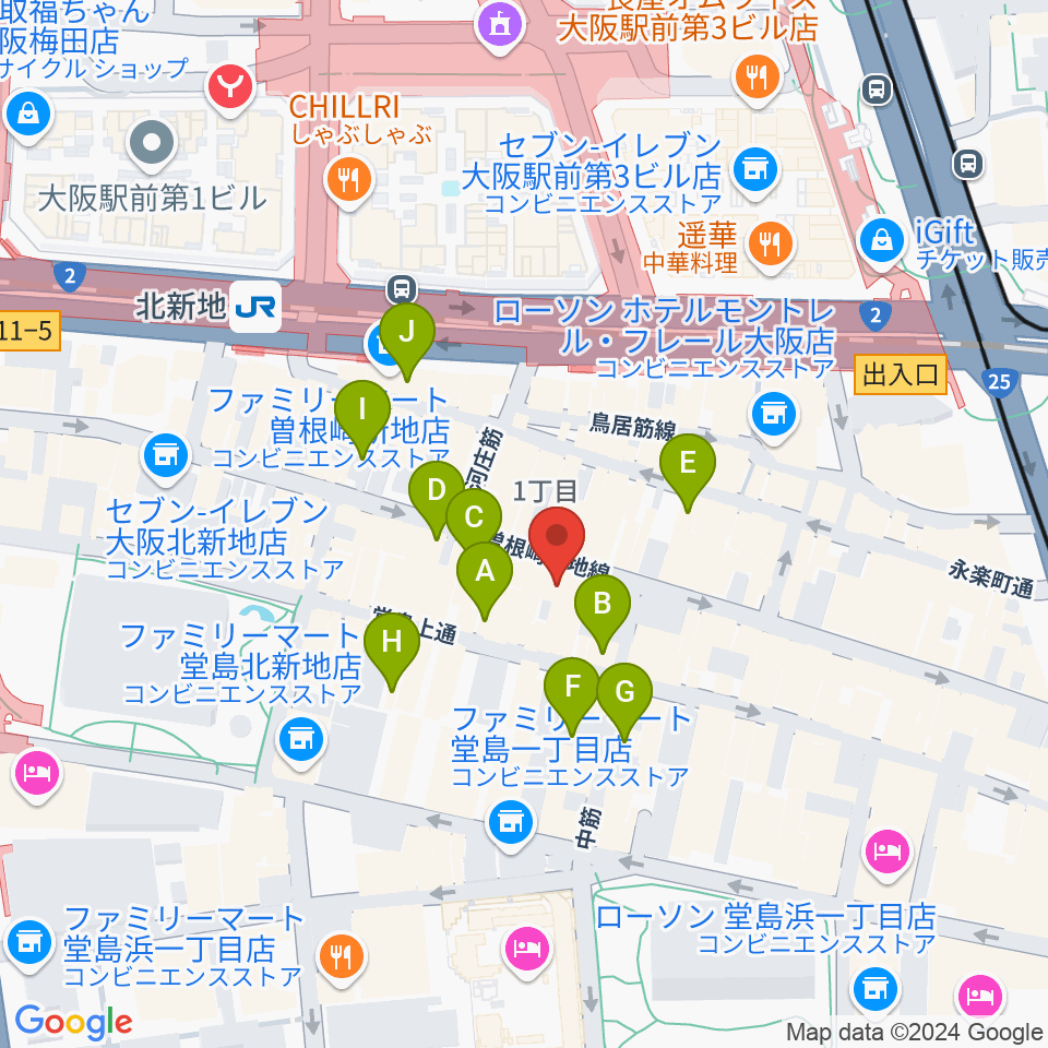 北新地ジャズバー96 クロ周辺のカフェ一覧地図