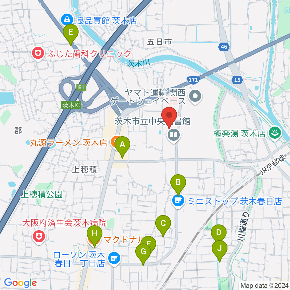 茨木市立生涯学習センターきらめき周辺のカフェ一覧地図