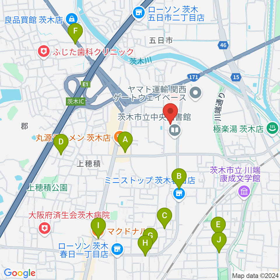 茨木市立生涯学習センターきらめき周辺のカフェ一覧地図