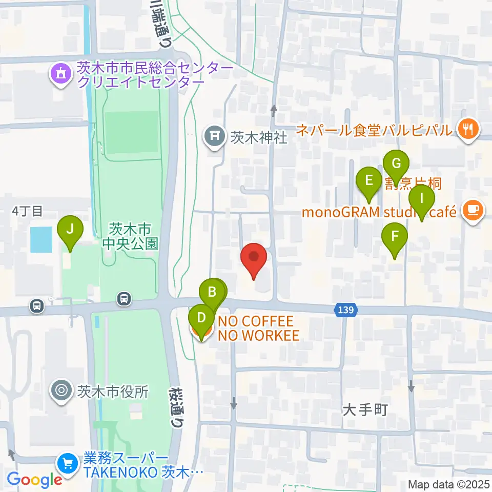 茨木市立男女共生センターローズWAM周辺のカフェ一覧地図