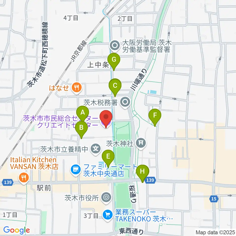 茨木市市民総合センター クリエイトセンター周辺のカフェ一覧地図