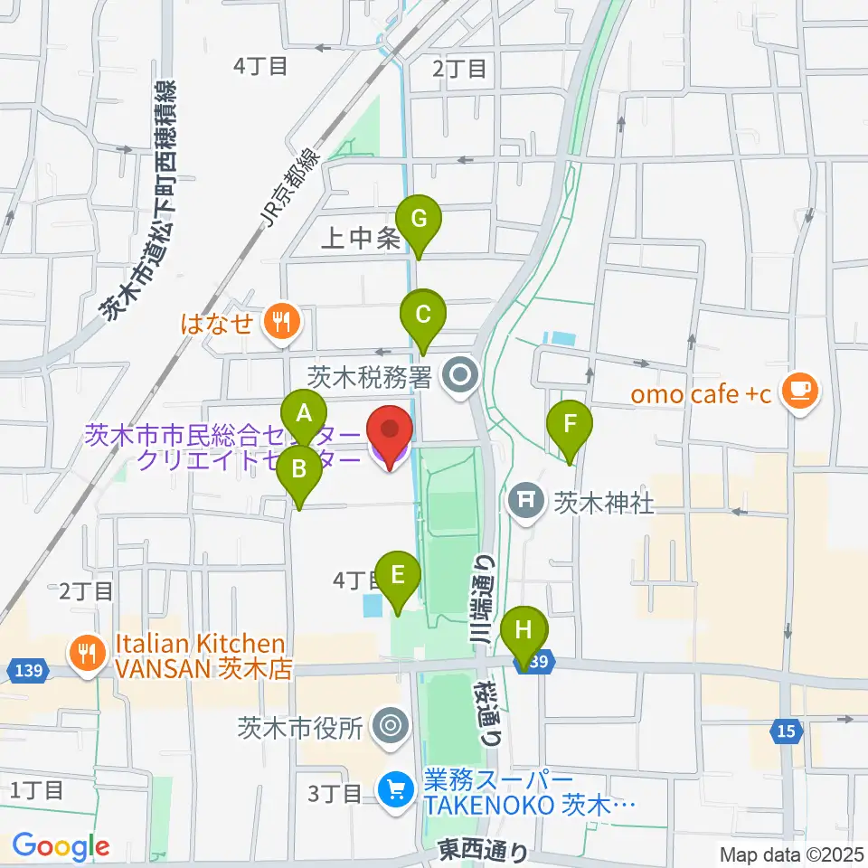 茨木市市民総合センター クリエイトセンター周辺のカフェ一覧地図
