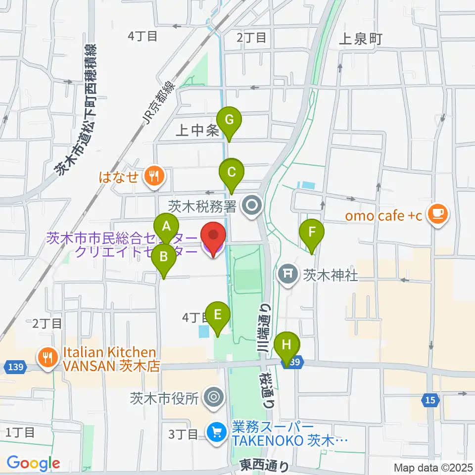 茨木市市民総合センター クリエイトセンター周辺のカフェ一覧地図
