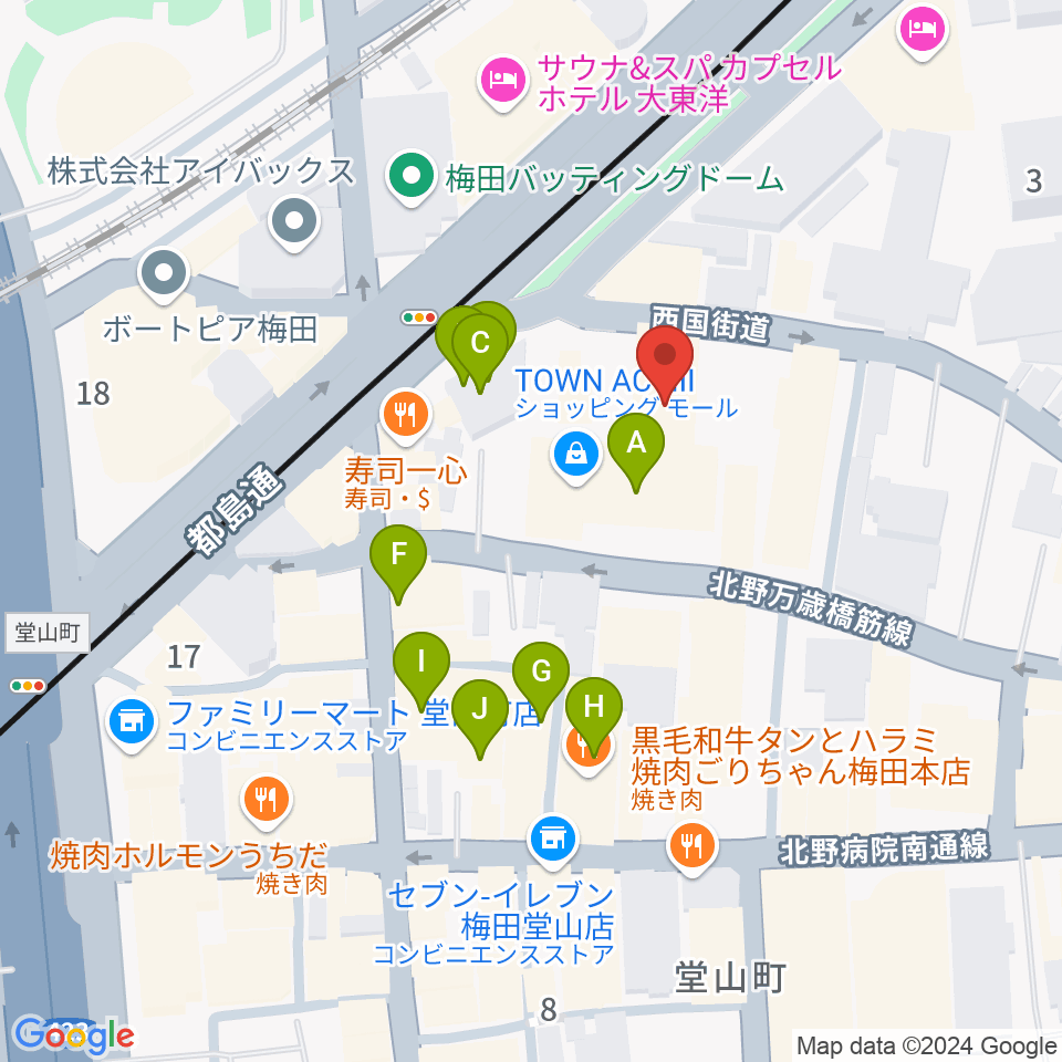 梅田アクトスリーホール周辺のカフェ一覧地図