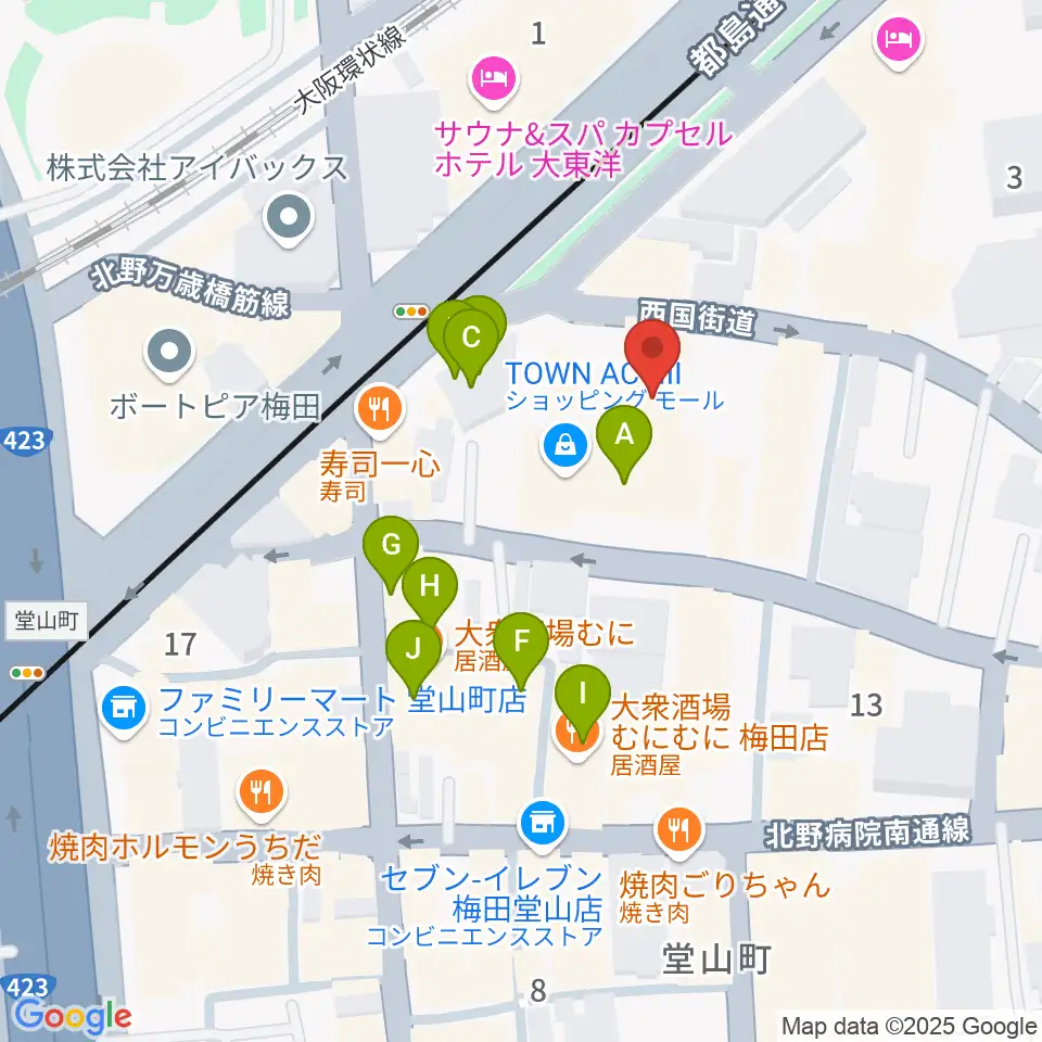 梅田アクトスリーホール周辺のカフェ一覧地図