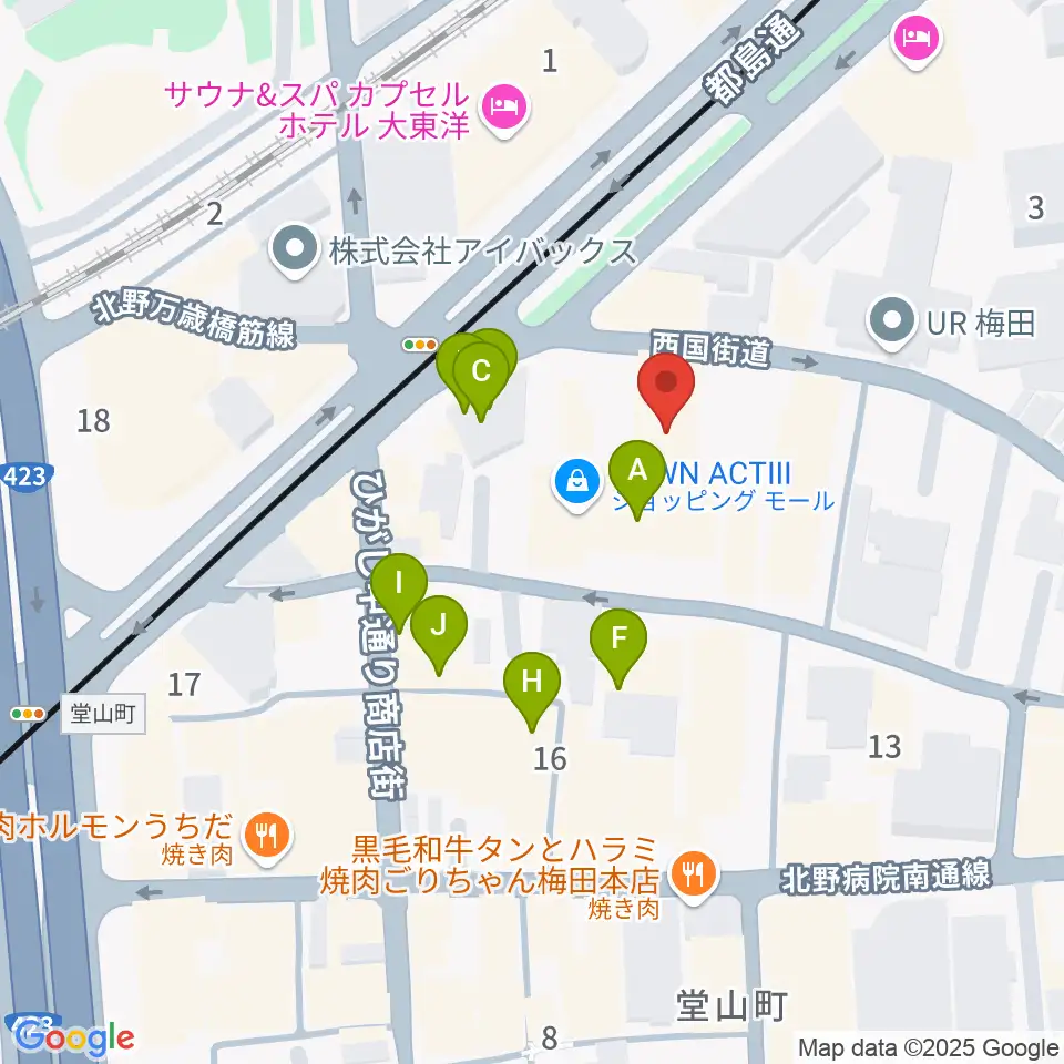 梅田アクトスリーホール周辺のカフェ一覧地図