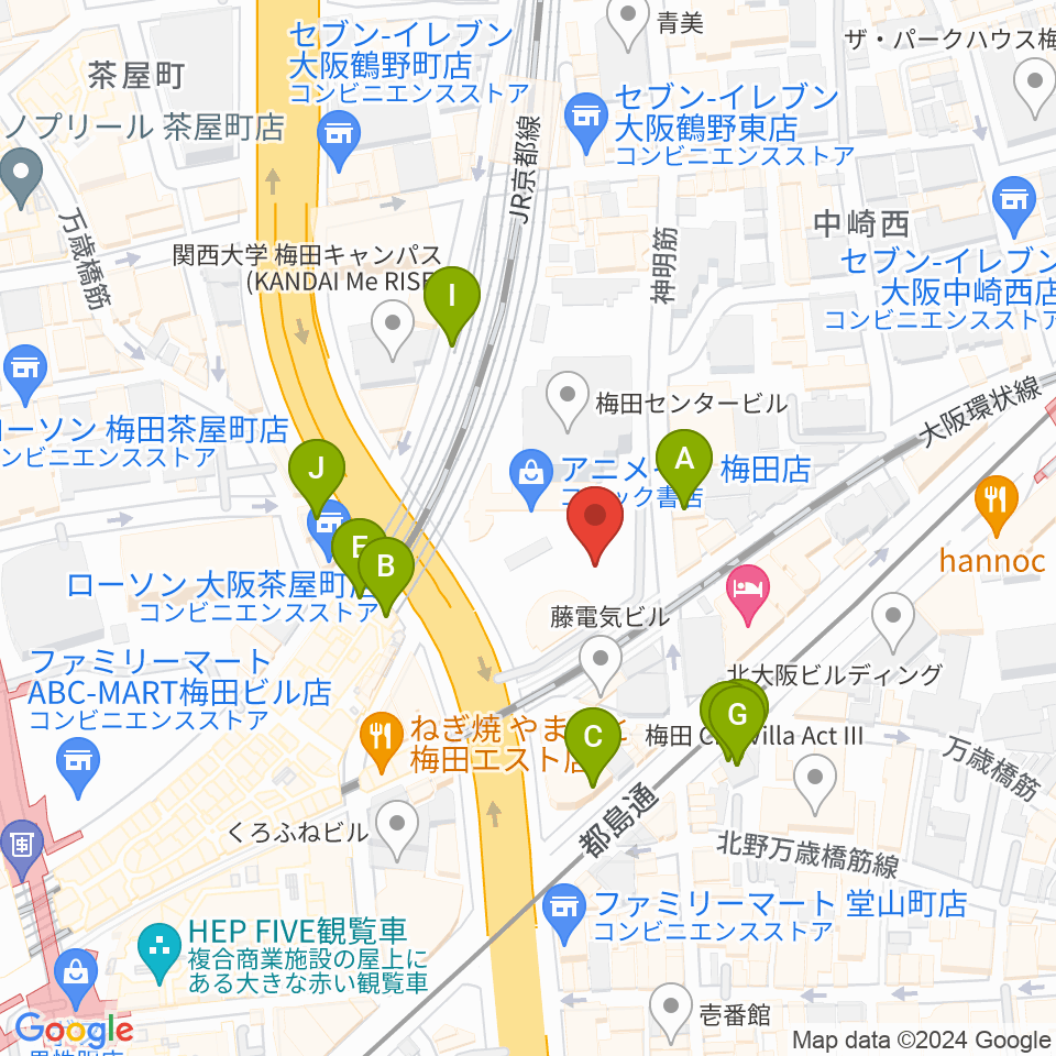 梅田クリスタルホール周辺のカフェ一覧地図