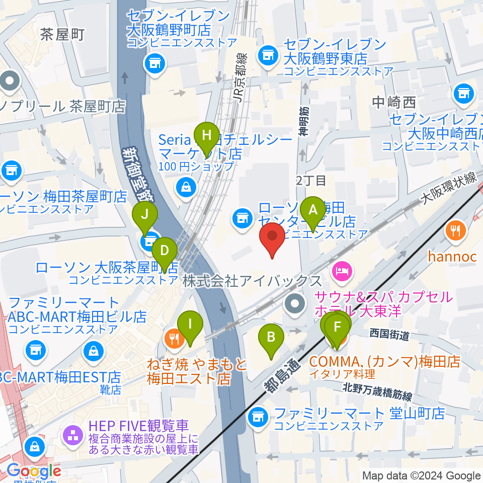 梅田クリスタルホール周辺のカフェ一覧地図