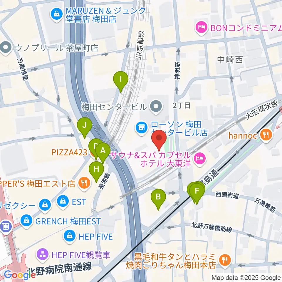 梅田クリスタルホール周辺のカフェ一覧地図