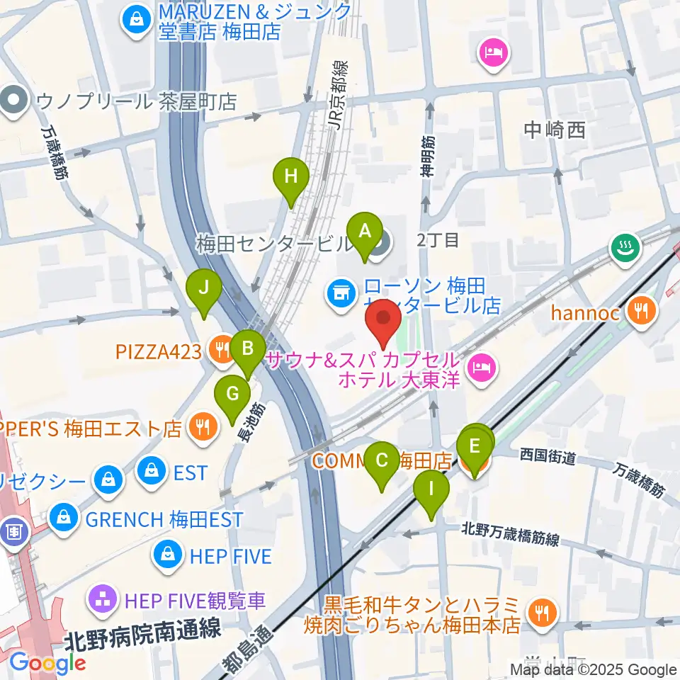 梅田クリスタルホール周辺のカフェ一覧地図