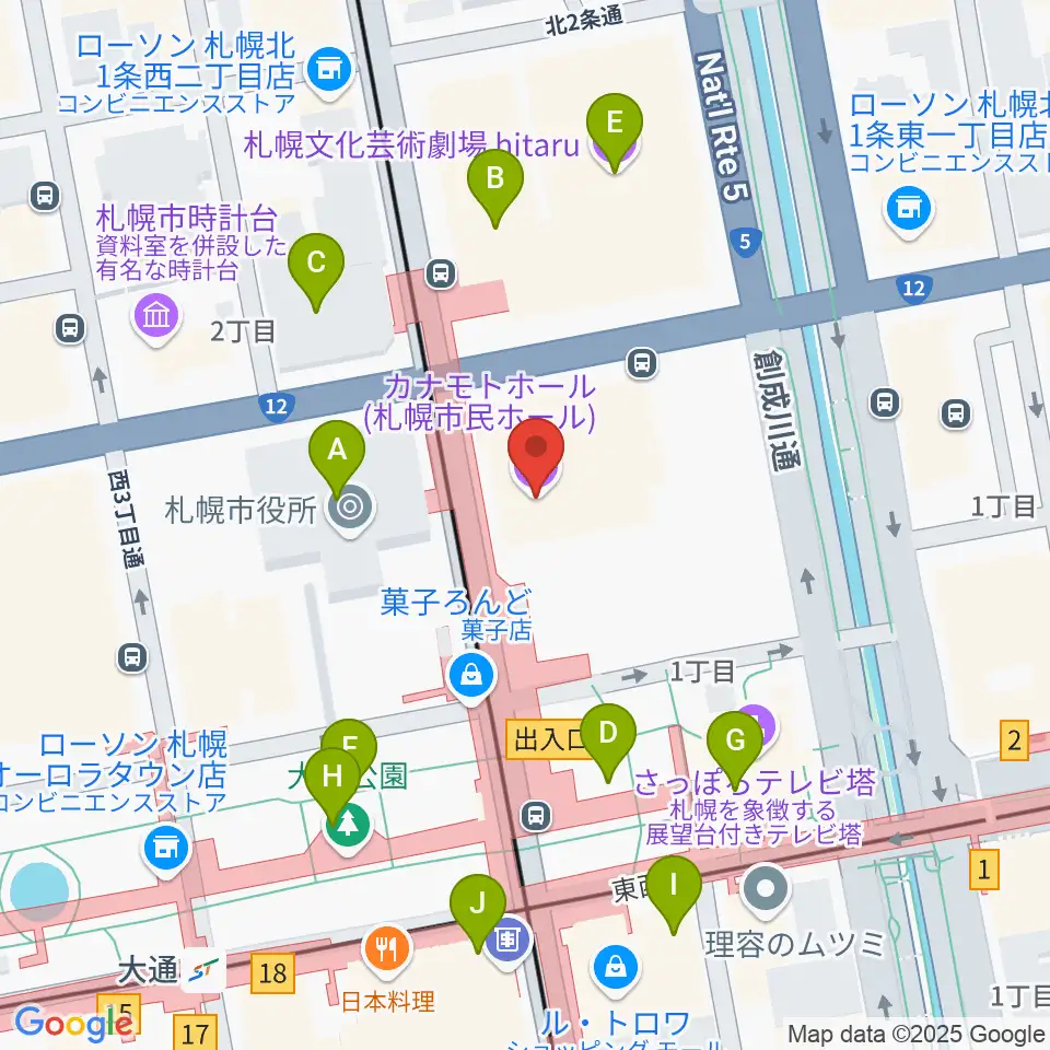 カナモトホール(札幌市民ホール)周辺のカフェ一覧地図