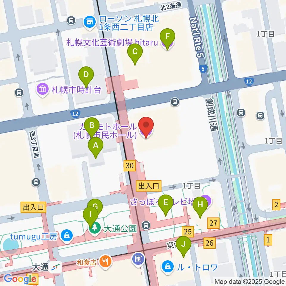 カナモトホール(札幌市民ホール)周辺のカフェ一覧地図
