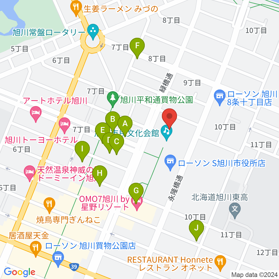 旭川市民文化会館周辺のカフェ一覧地図