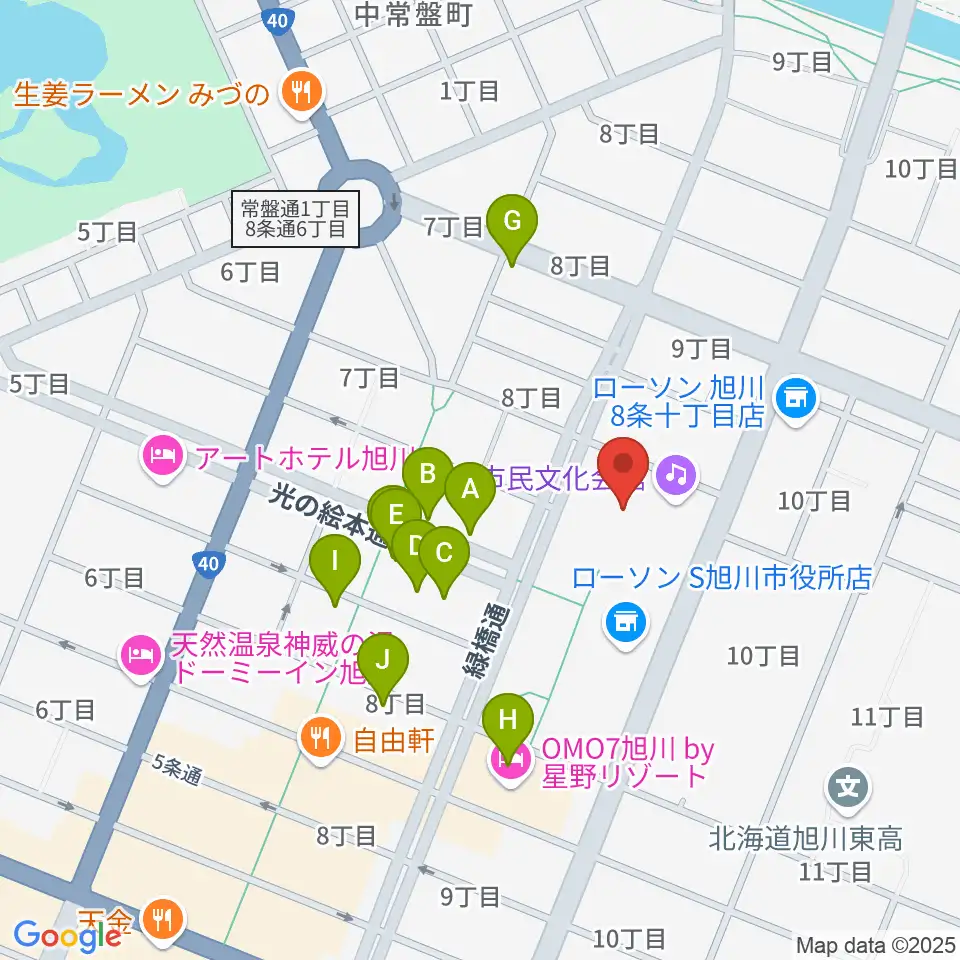 旭川市民文化会館周辺のカフェ一覧地図