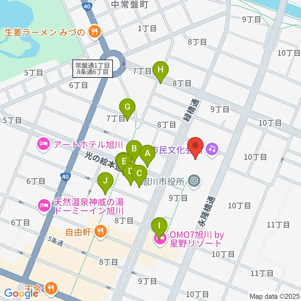 旭川市民文化会館周辺のカフェ一覧地図
