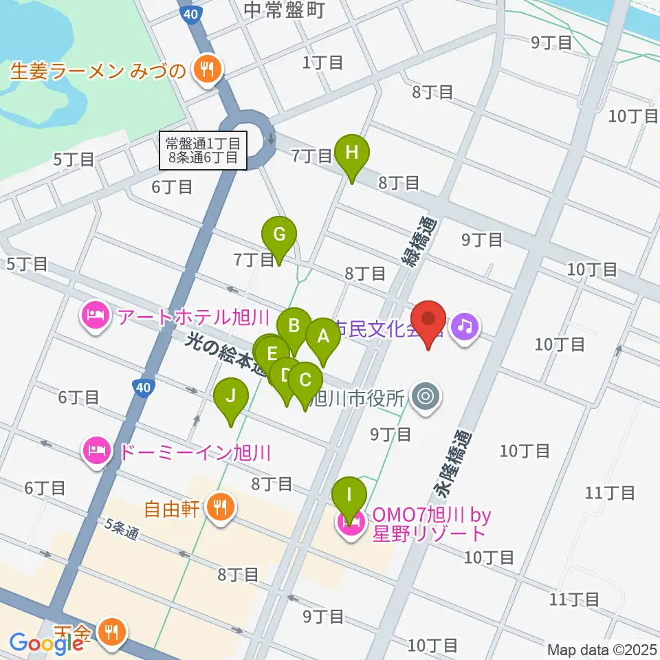 旭川市民文化会館周辺のカフェ一覧地図