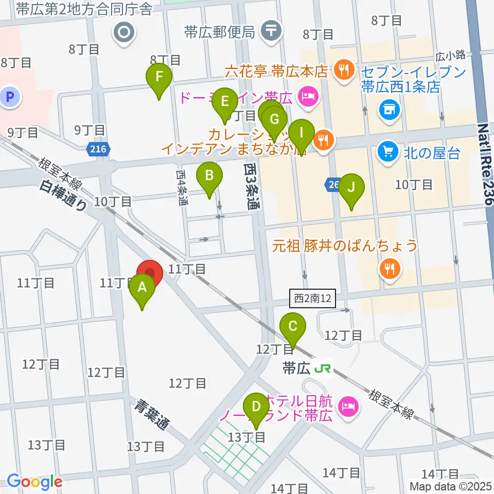 帯広市民文化ホール周辺のカフェ一覧地図