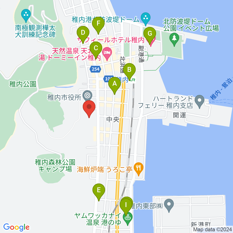 稚内総合文化センター周辺のカフェ一覧地図