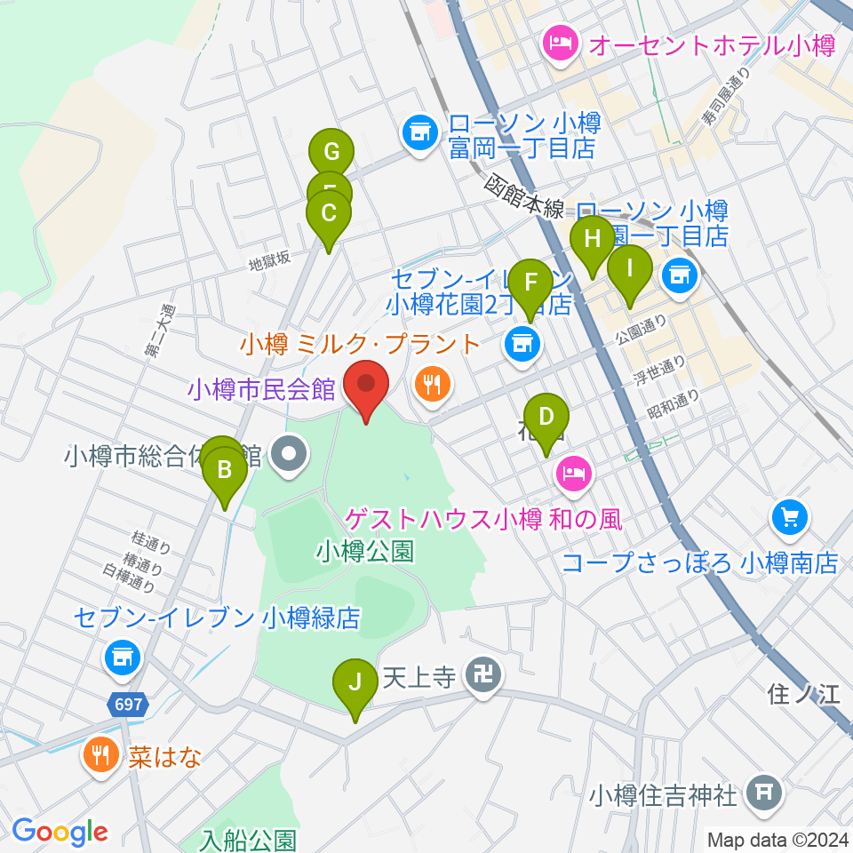 小樽市民会館周辺のカフェ一覧地図