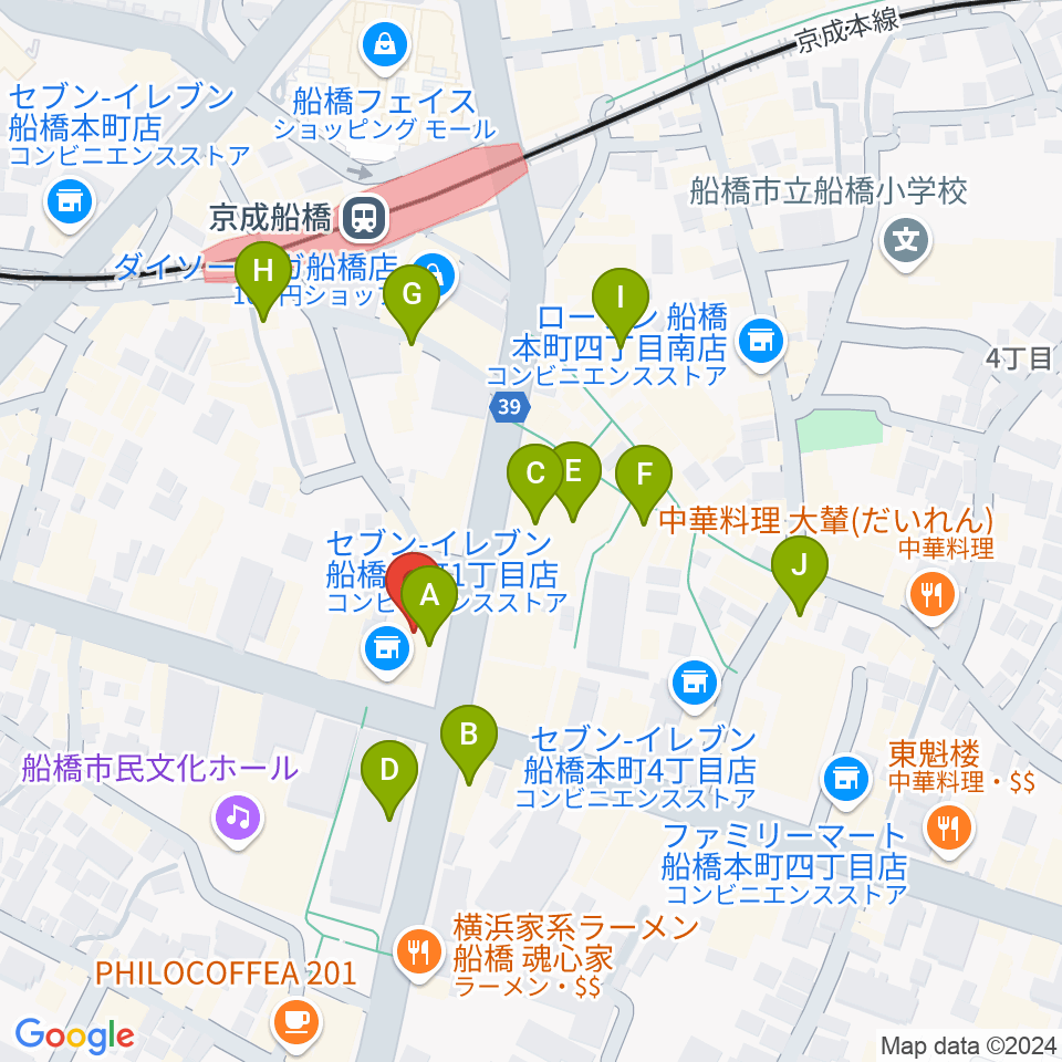 伊藤楽器 船橋本店周辺のカフェ一覧地図