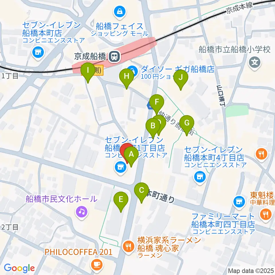 伊藤楽器 マイスター船橋周辺のカフェ一覧地図