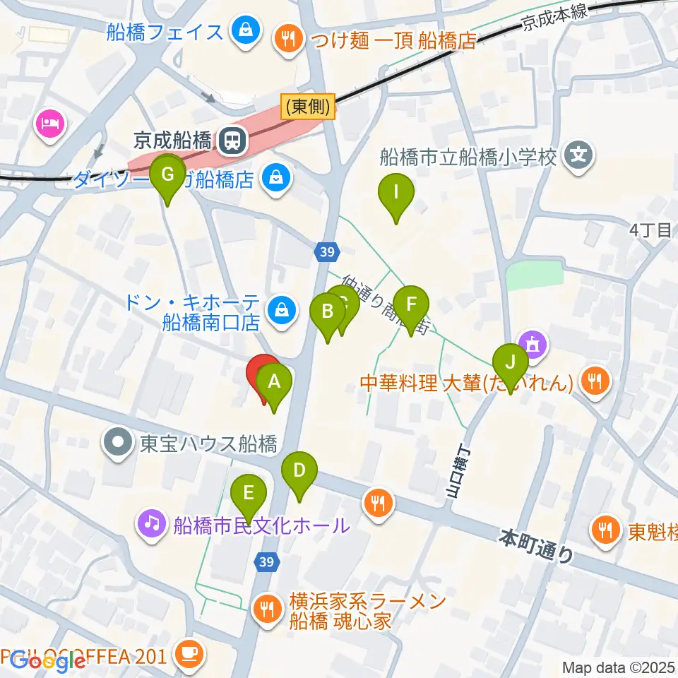 伊藤楽器 マイスター船橋周辺のカフェ一覧地図