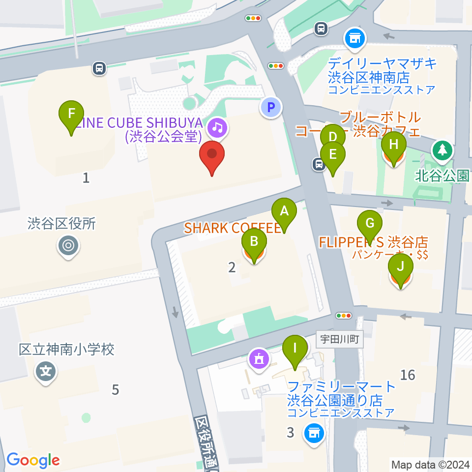 LINE CUBE SHIBUYA周辺のカフェ一覧地図