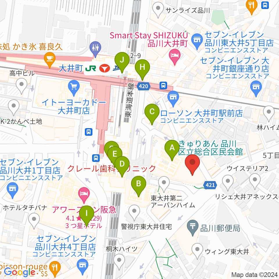 きゅりあん 品川区立総合区民会館周辺のカフェ一覧地図