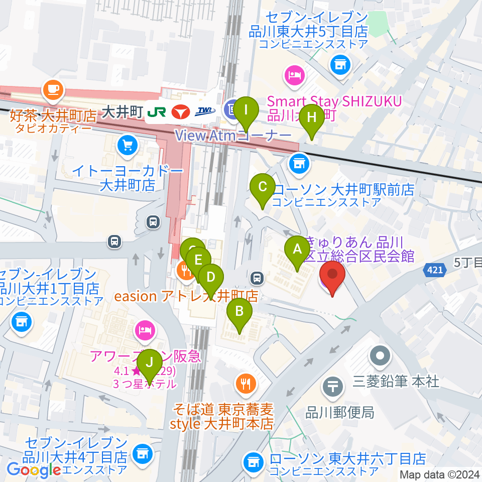 きゅりあん 品川区立総合区民会館周辺のカフェ一覧地図