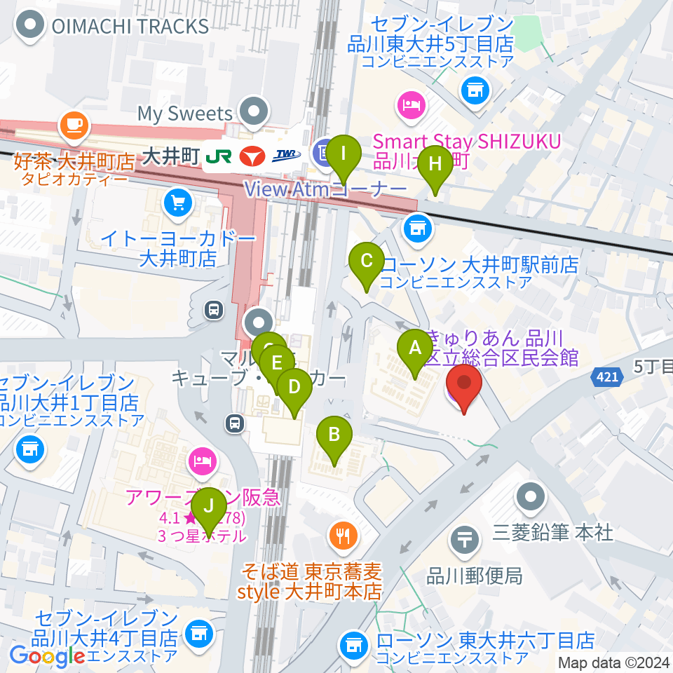 きゅりあん 品川区立総合区民会館周辺のカフェ一覧地図