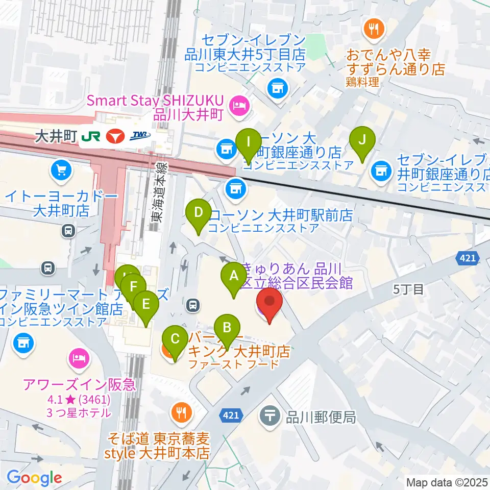 きゅりあん 品川区立総合区民会館周辺のカフェ一覧地図