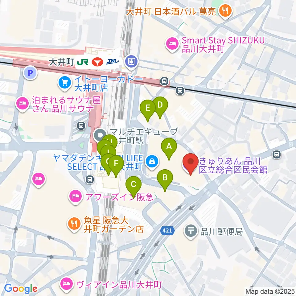 きゅりあん 品川区立総合区民会館周辺のカフェ一覧地図