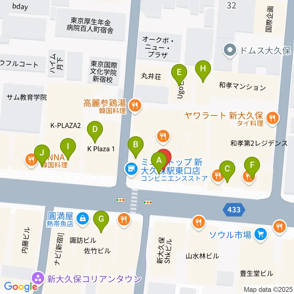 新大久保アースダム周辺のカフェ一覧地図