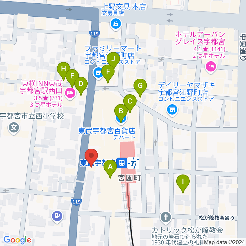 宇都宮ヘブンズロック周辺のカフェ一覧地図